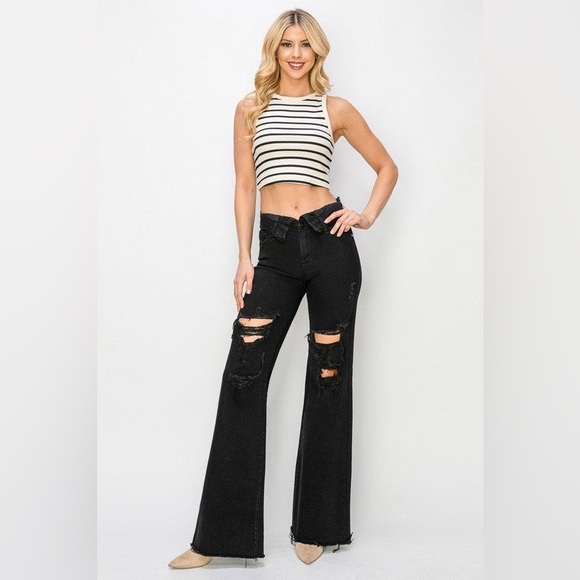 Folded Waist Distressed Wide Leg Jeans - Risen - Picture 1 of 6